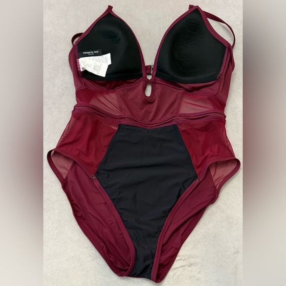 Kenneth Cole Reaction One Piece Swimsuit Womens Large Burgundy Mesh Panel Cutout - Picture 9 of 9
